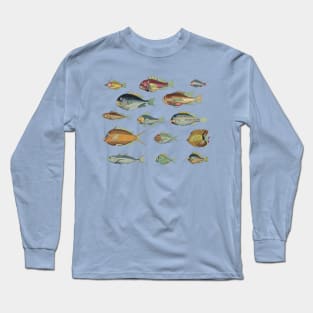 So Many Fish Blue #1 - Vintage Marine Biology Pattern Long Sleeve T-Shirt